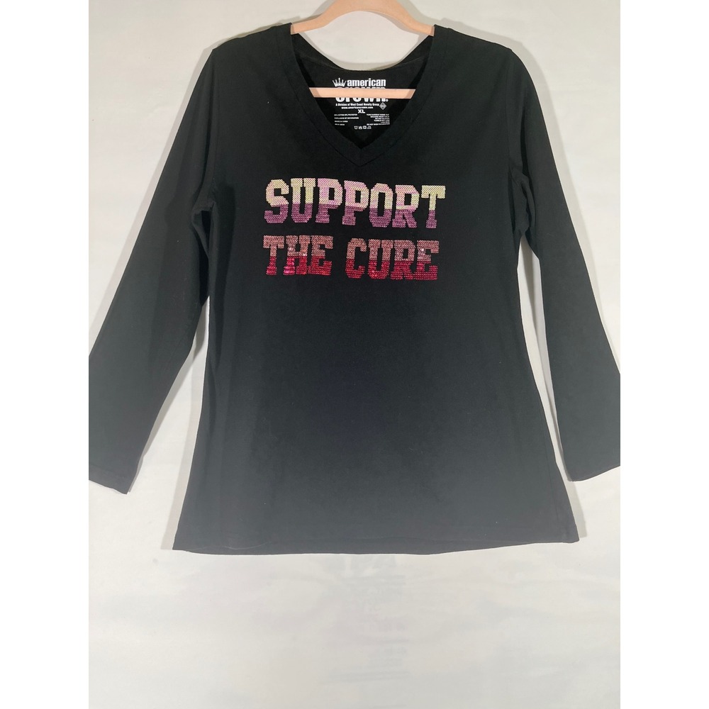 American Crown Long Sleeve V Neck Support The Cure Sequin Tee Women Black XL